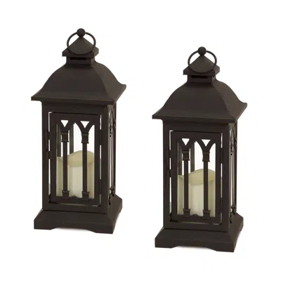 Houzbling Lantern W/3"x3" Led Candle (set Of 2) 12.25"h Iron/glass/plastic - 2 Aa Batteries Not Incld. In Brown