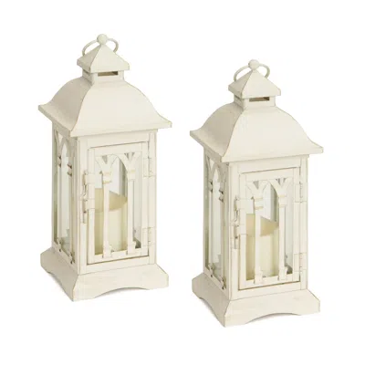 Houzbling Lantern W/3"x3" Led Candle (set Of 2) 12.25"h Iron/glass/plastic - 2 Aa Batteries Not Incld. In White