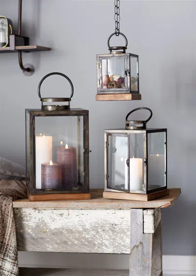 Houzbling Lanterns (set Of 3) 12"h, 16.5"h, 21.5"h Metal/glass/wood