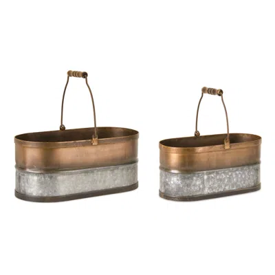 Houzbling Oval Pail (set Of 2) 12.5"l X 6.5"h, 15"l X 7"h Iron/wood In Brown