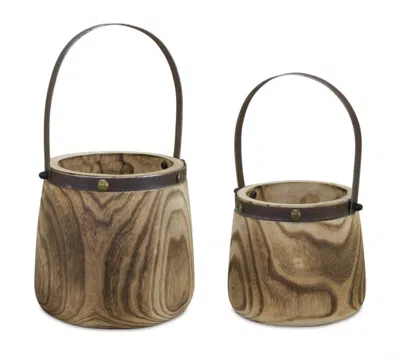 Houzbling Pail (set Of 2) 7.5"d X 11.75"h, 9"d X 14"h Wood/steel In Brown