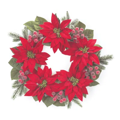 Houzbling Poinsettia And Pine Wreath 24.5"d Polyester In Multi