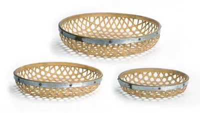 Houzbling Round Woven Tray (set Of 3) 17"d, 20"d, 23.5"d Bamboo/metal In Blue