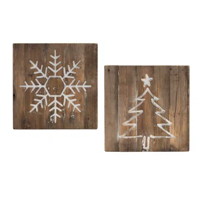 Houzbling Snowflake And Tree Block (set Of 2) 11.5"sq Wood In Blue