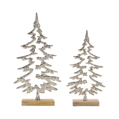 Houzbling Tree On Base (set Of 2) 11.5"h, 14.25"h Wood/aluminum