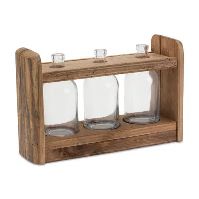 Houzbling Triple Vase In Holder 15"l X 9.75"h Wood/glass In Brown