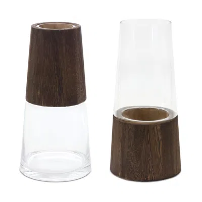 Houzbling Vase (set Of 2) 5.5"d X 11"h, 5.5"d X 11"h Glass/wood In Blue