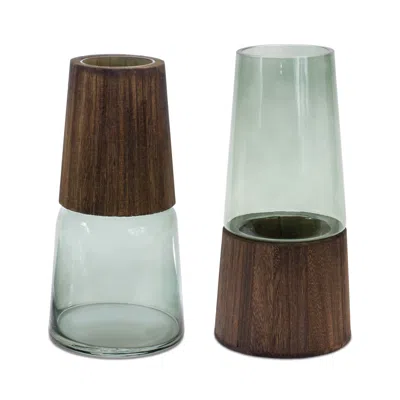 Houzbling Vase (set Of 2) 5.5"d X 11"h, 5.5"d X 11"h Glass/wood In Brown