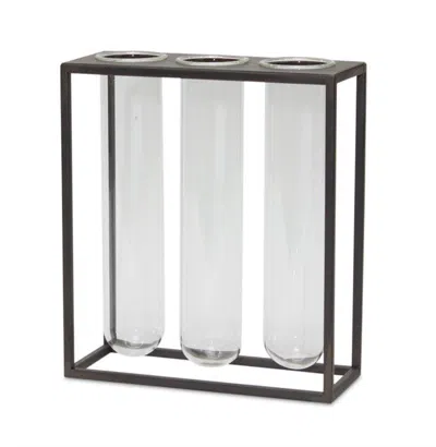 Houzbling Vases In Stand 8"l X 9"h Iron/glass In Black