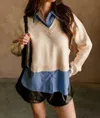 How Very Loved Audrey Collar Long Sleeve Top In Cream & Blue