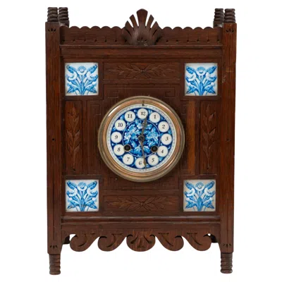 Pre-owned Howell & James Ltd Aesthetic Movement Oak Mantle Clock By Howell & James With Blue Tile Insets