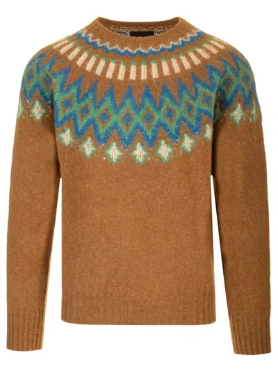 Howlin' Brushed Wool Fair Isle Crew Jumper In Brown