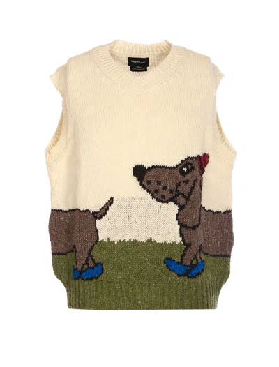 Howlin' Dog Motif Sleeveless V-neck Knitwear In Neutral
