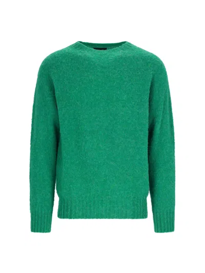 Howlin' Shetland Wool Crew Neck Sweater With Ribbed Finishes In Green