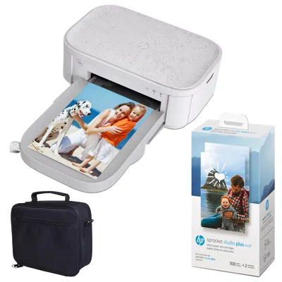 Hp Sprocket Studio Plus 4x6" Instant Color Photo Printer Case And Photo Paper Bundle - White