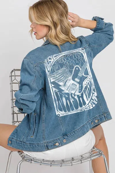 Hrt & Luv Graphic Back Music Nashville Boyfriend Denim Jacket In Blue