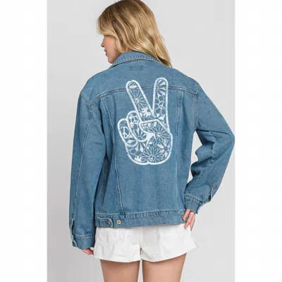 Hrt & Luv Graphic Back Peace Hand Boyfriend Denim Jacket In Blue