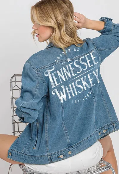 Hrt & Luv Graphic Back Tennessee Whiskey Boyfriend Denim Jacket In Blue