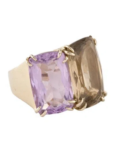 Pre-owned Hstern 18k Amethyst, Smoky Quartz & Diamond Cocktail Ring In Multi