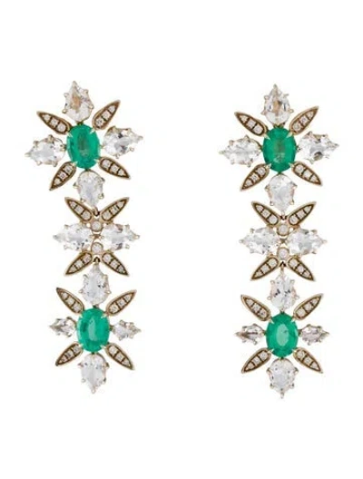 Pre-owned Hstern 18k Emerald, Quartz & Diamond Drop Earrings In Multicolor