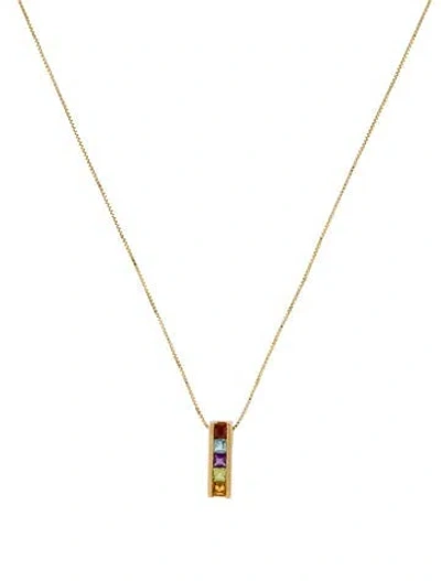 Pre-owned Hstern 18k Multistone Bar Pendant W/ Unbranded 18k Box Chain, 16.75"