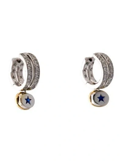 Pre-owned Hstern 18k Sapphire & Diamond Hoop Drop Earrings In Multi