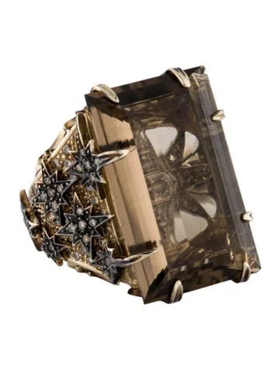 Pre-owned Hstern 18k Smoky Quartz & Diamond Highlight Stars Ring In Multi