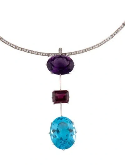 Pre-owned Hstern 18k Topaz, Amethyst, Garnet, & Diamond Collar Pendant Necklace, 14" In Multicolor