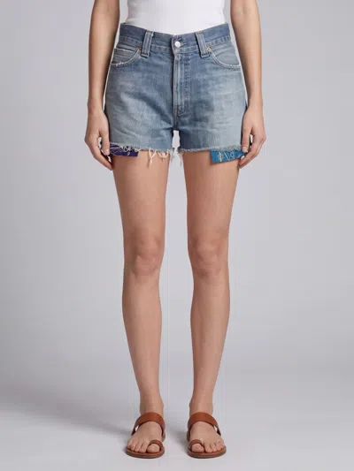 Htc Los Angeles High-waisted Denim Shorts With Frayed Hem And Bandana Motif In Multi