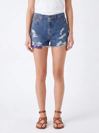 Htc Los Angeles High-waisted Distressed Denim Shorts With Raw Hem In Blue