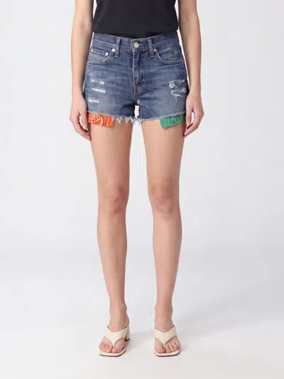 Htc Los Angeles High-waisted Studded Denim Shorts With Frayed Hem In Blue