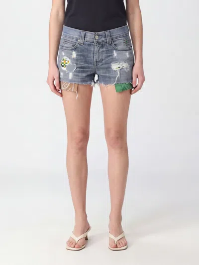 Htc Los Angeles Low-rise Studded Denim Shorts With Frayed Hem In Blue