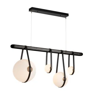 Hubbardton Forge Derby 4 - Light Kitchen Island Linear Led Pendant In Black Wood,antique Brass,black Leather
