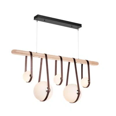 Hubbardton Forge Derby 5 - Light Kitchen Island Linear Led Pendant In Maple Wood,antique Brass,british Brown Leather