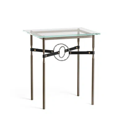 Hubbardton Forge Equus Glass Top Side Table In Bronze,natural Iron With Black Leather