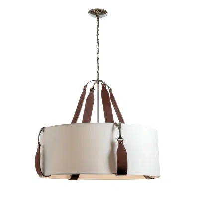 Hubbardton Forge Saratoga 4 - Light Drum Pendant In Natural Anna Shade,british Brown Leather,polished Nickel