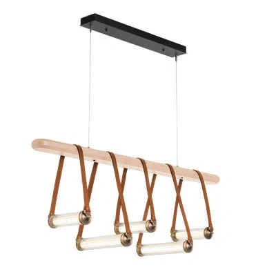 Hubbardton Forge York 5 - Light Kitchen Island Linear Led Pendant In Maple Wood,antique Brass,chestnut Leather