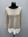 Hubert Gasser Beige Cotton 3/4 Sleeve Sweater In Beige And White In Multi
