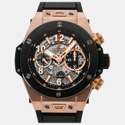 Pre-owned Hublot Skeleton 18k Rose Gold Big Bang Unico 411.om.1180.rx Automatic Men's Wristwatch 45 Mm In Transparent