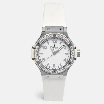 Pre-owned Hublot White Stainless Steel Rubber Diamond Big Bang 361.se.2010.rw.1104.plp Women's Wristwatch 38 Mm
