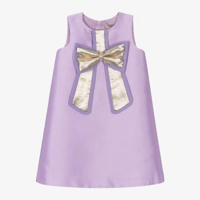 Hucklebones London Kids' Girls Lilac Purple & Gold Bow Dress