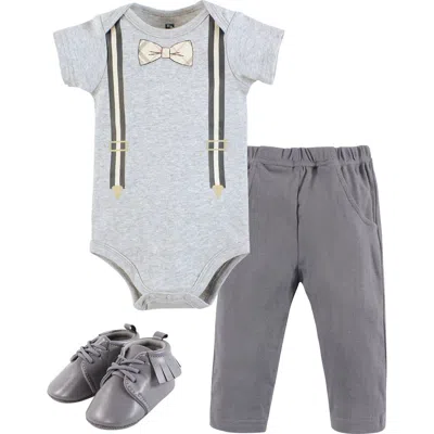 Hudson Baby Cotton Bodysuit, Pant And Shoe Set In Gray