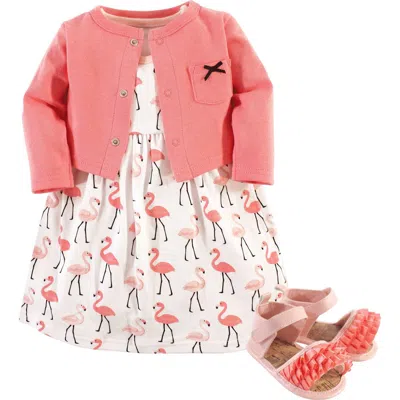 Hudson Baby Cotton Dress, Cardigan And Shoe Set In Pink