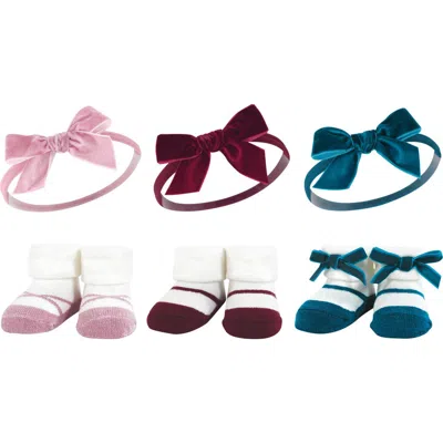 Hudson Baby Headband & Socks Giftset In Burgundy Pink Teal
