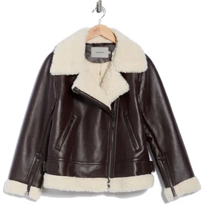 Hudson Jeans Faux Shearling & Faux Leather Moto Jacket In Brown