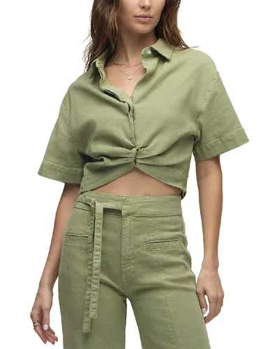 Hudson Jeans Knotted Button Down Linen-blend Shirt In Green