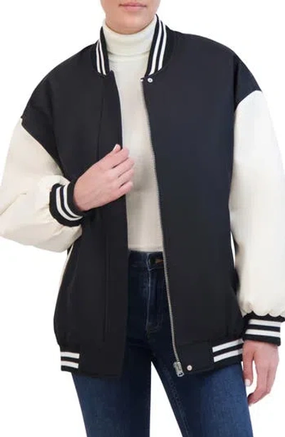Hudson Jeans Oversize Faux Leather Sleeve Varsity Jacket In Black