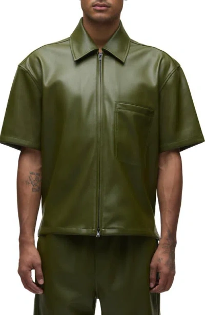 Hudson Jeans Short Sleeve Faux Leather Zip Shirt In Olive Green