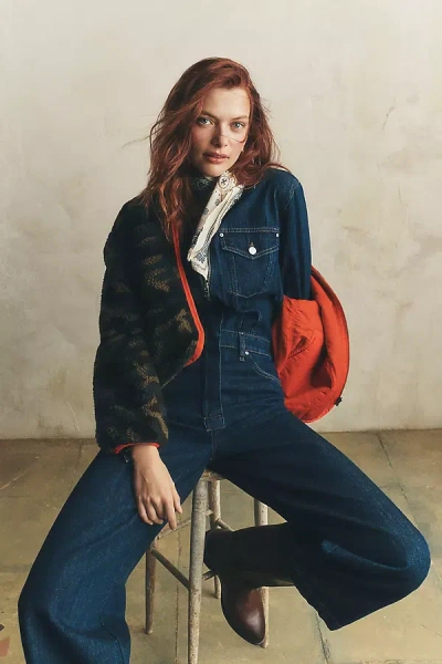 Hudson Long-sleeve Wide-leg Crop Denim Jumpsuit In Blue