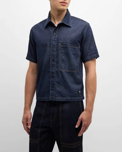 Hudson Men's Cropped Rigid Denim Shirt In Dark Chambray